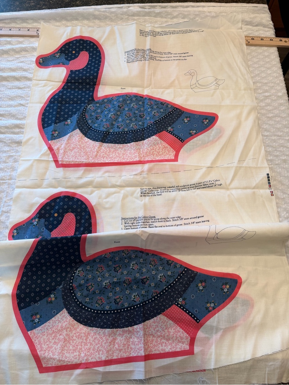 Quilted Duck Pillow Panels - Blue and Pink Fabric Set The Calico Goose Cottage